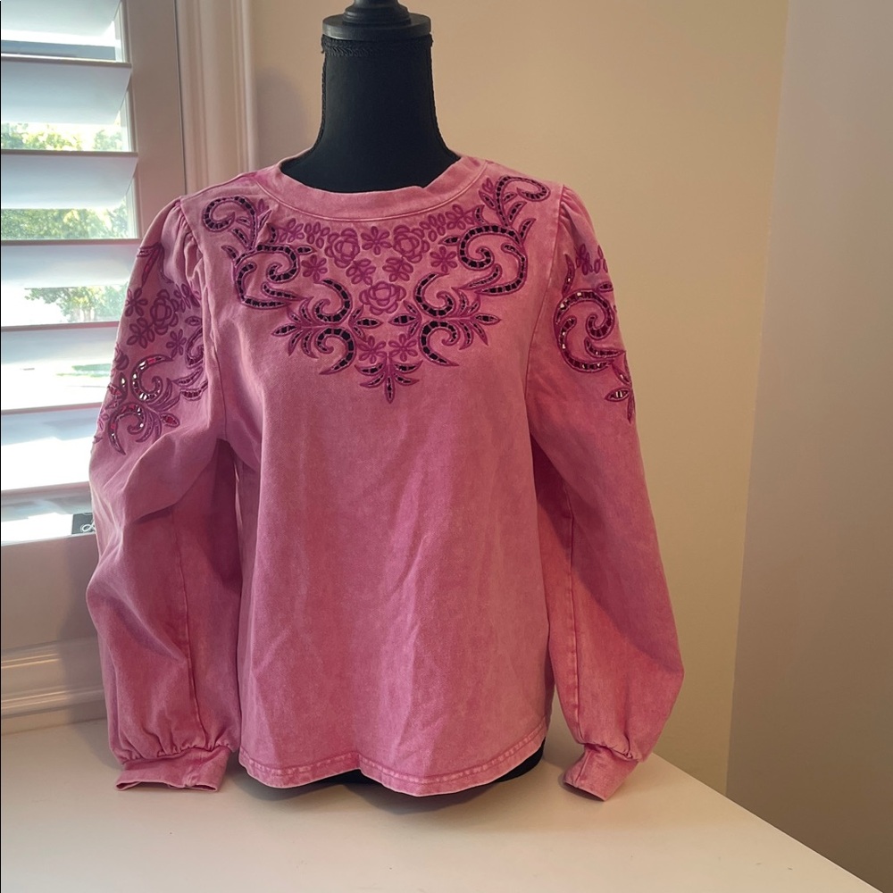 Fate Mineral Washed Pink Embroidered Top
